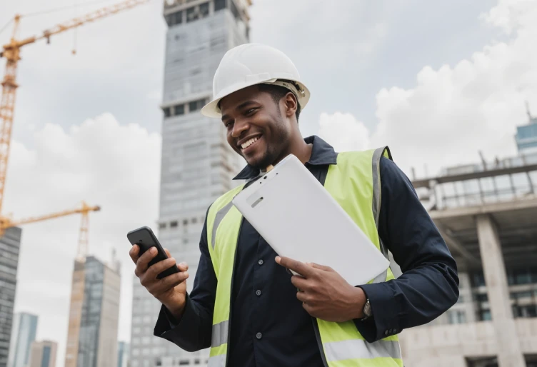 African Man wearing a hard hat and a safety vest